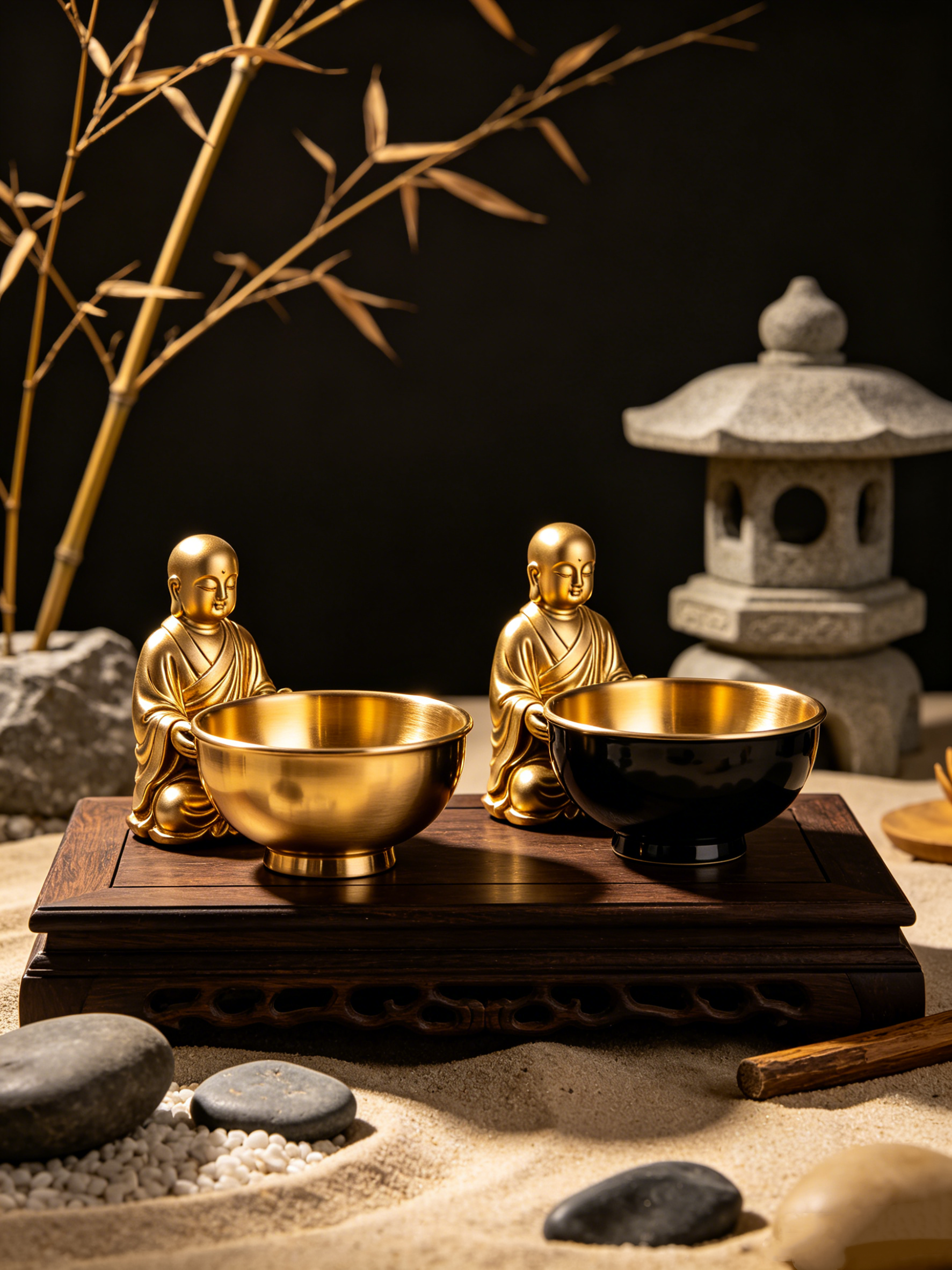 Twin Monks With Bowl Glossy Gold Black